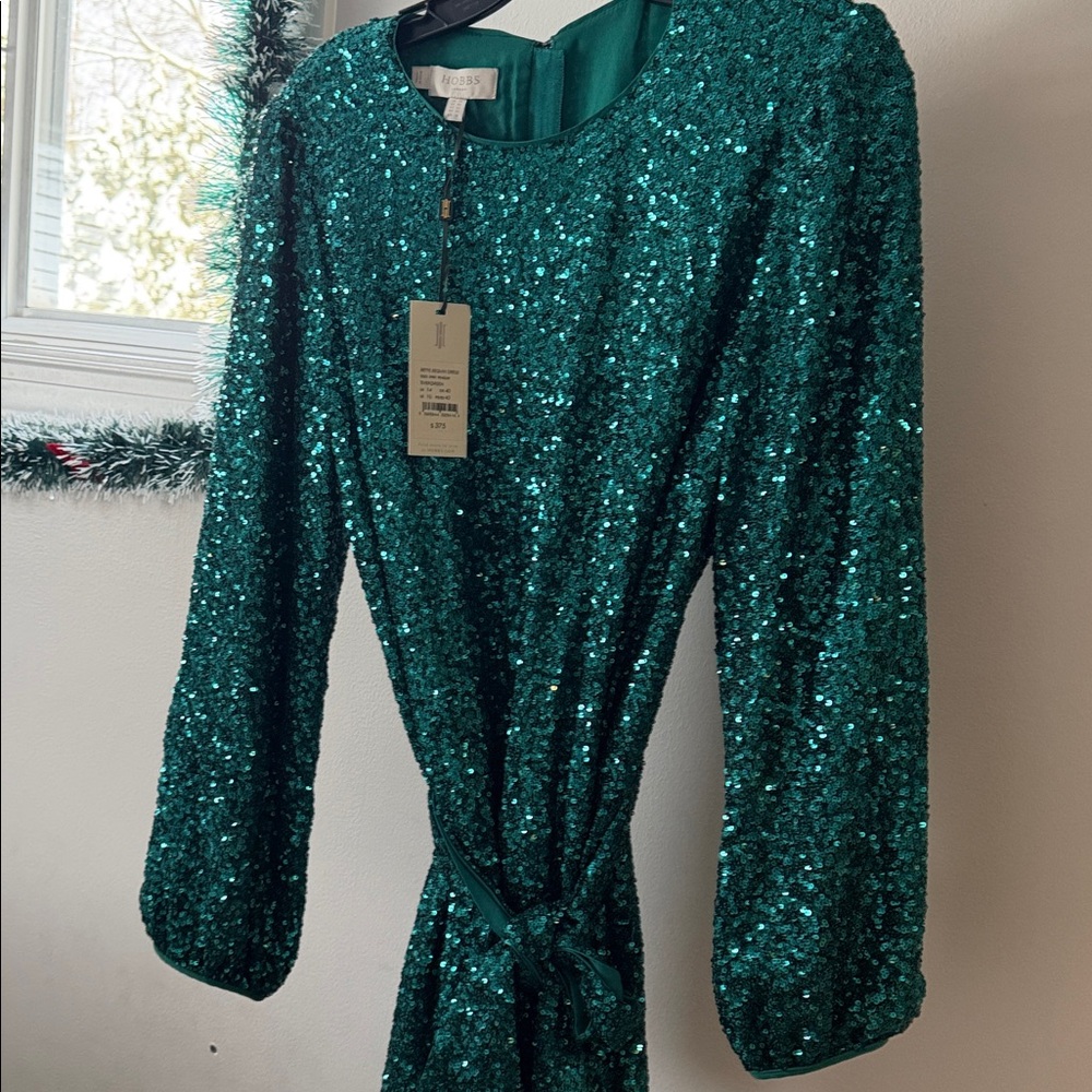 Hobbs Evergreen Sequin Long Sleeve Dress